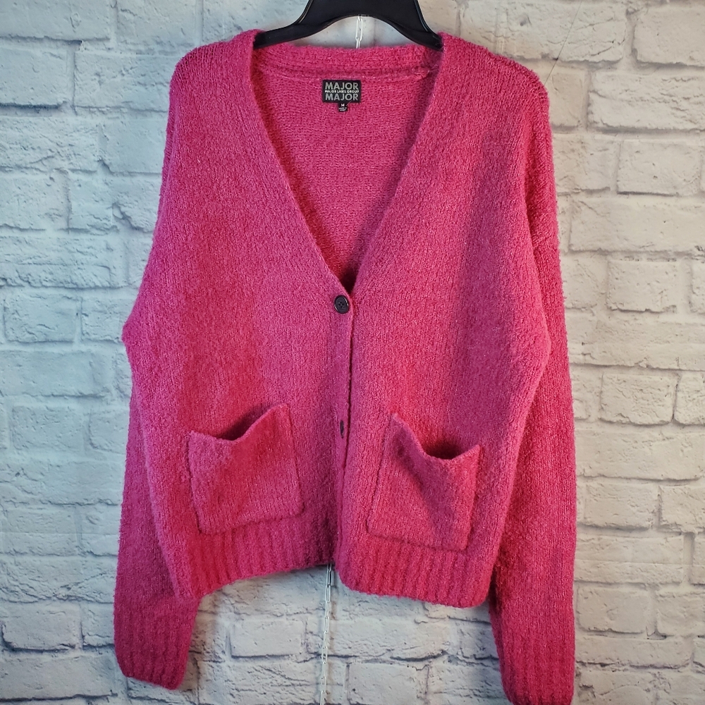 Major Label Group 3 Button Wool Blend V-Neck Cardigan, M, Pink